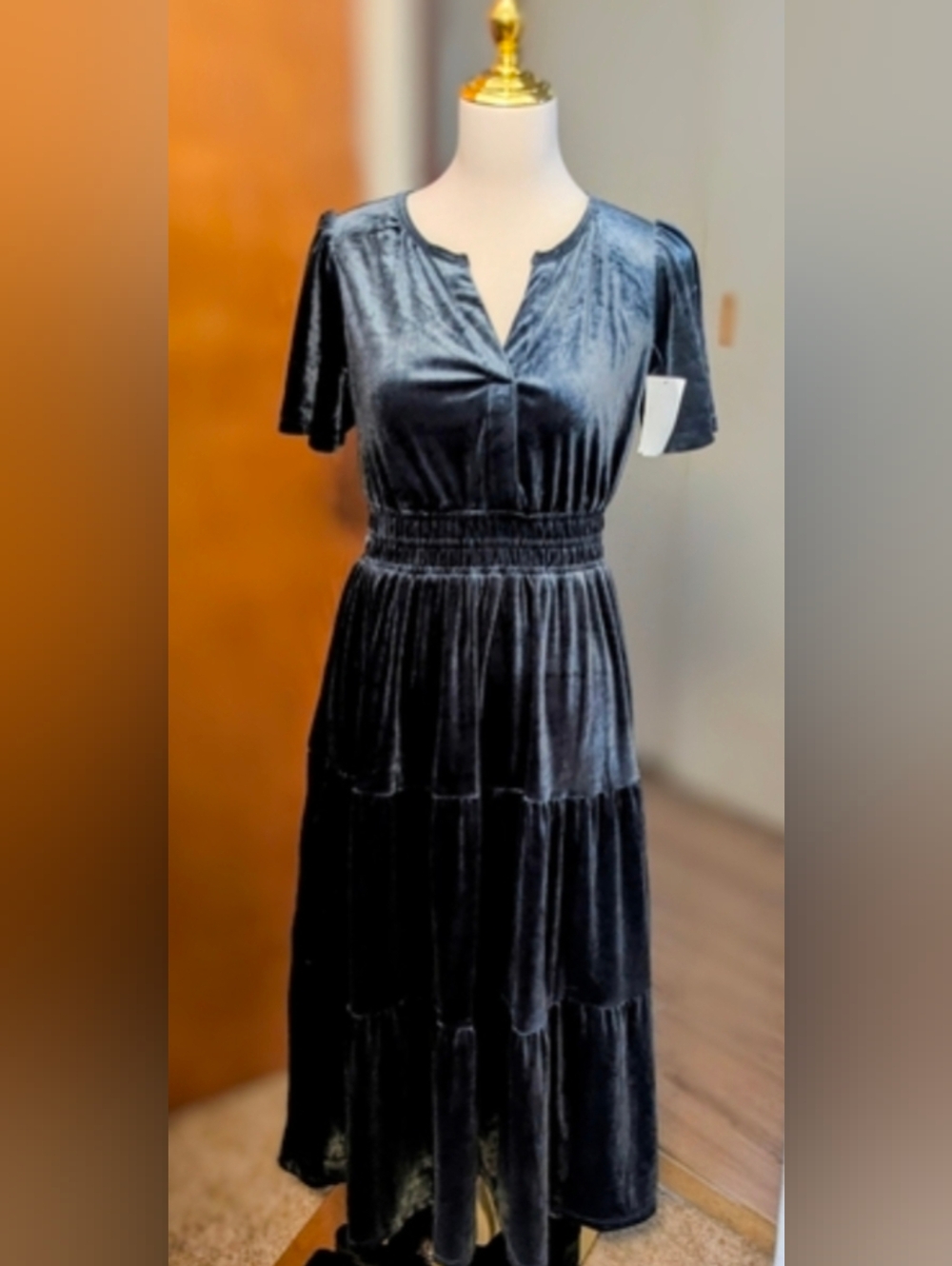 Zoe and Claire Elegant Dusty Blue Velvet Dress